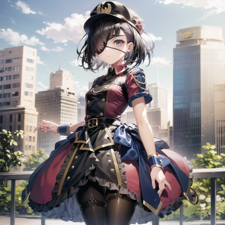 a anime character dressed standing,1girl, eyepatch, pantyhose, black hair, wrist cuffs, boots,  (1).png
